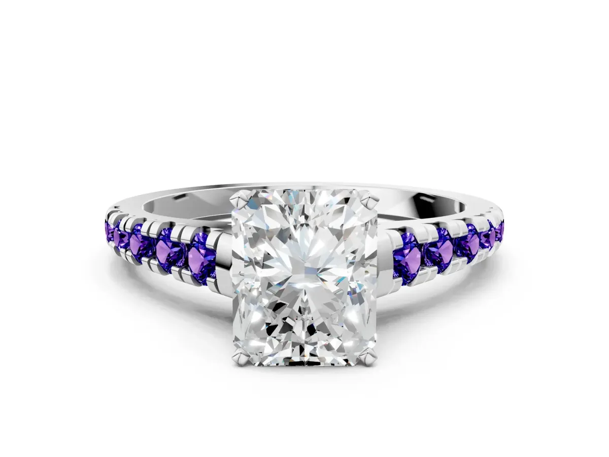 Radiant Cut Diamond Cathedral Solitaire Ring with Round Tanzanite Pavé Band Silver