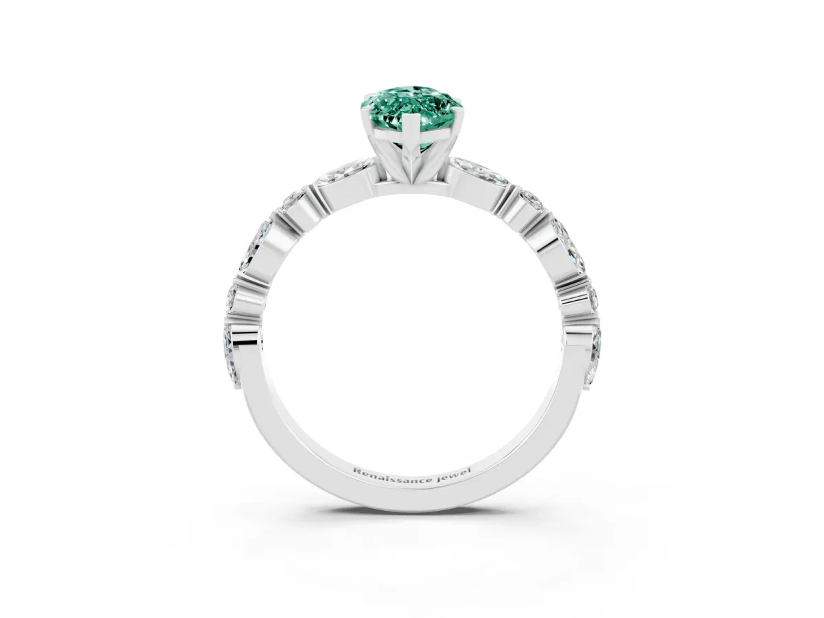 Marquise Cut Green Sapphire Ring with Marquise and Round Side Stones and Four-Prong Setting Platinum