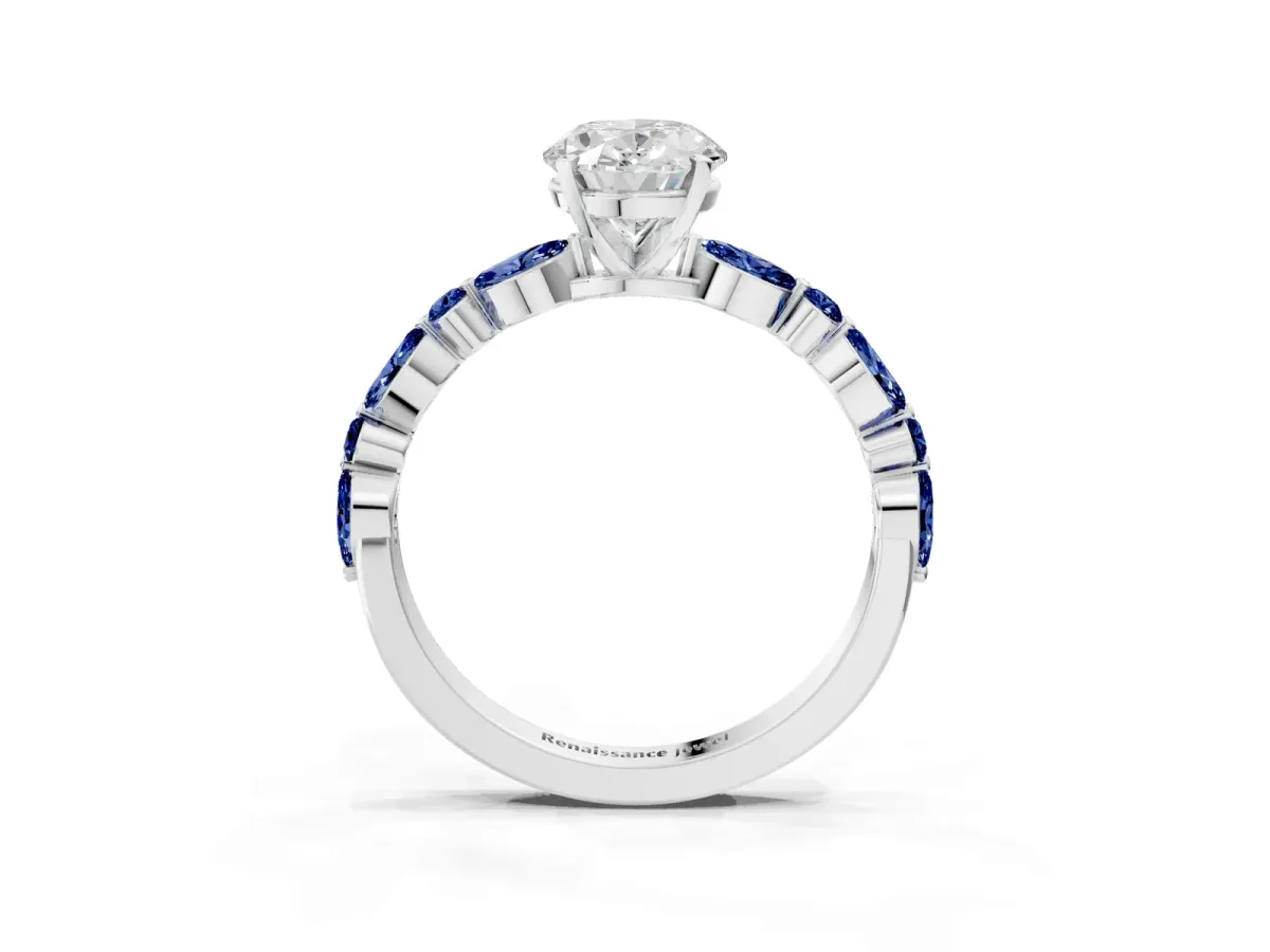 Oval Cut Diamond Ring with Marquise and Round Blue Sapphire Side Stones and Four-Prong Setting Silver