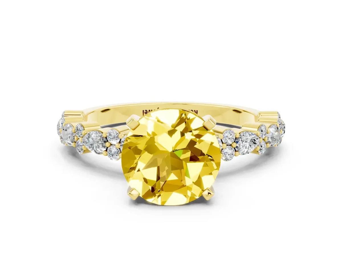 Round Cut Yellow Sapphire Side Stone Solitaire Ring with Round and Four-Prong Setting Yellow gold