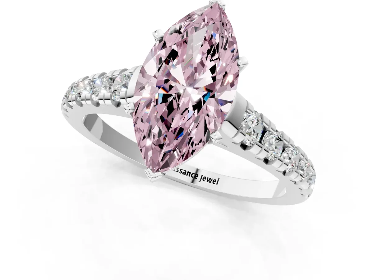 Fancy Pink Marquise Cut Diamond Cathedral Solitaire Ring with Round Pavé Band Platinum