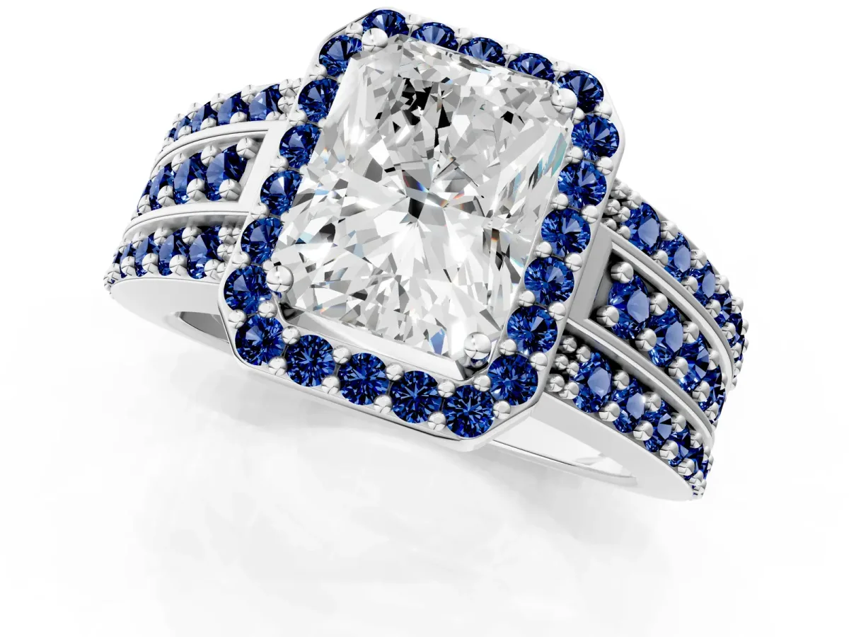 Radiant Cut Halo Diamond Ring with Round Blue Sapphire Split Shank and Prong Setting White gold
