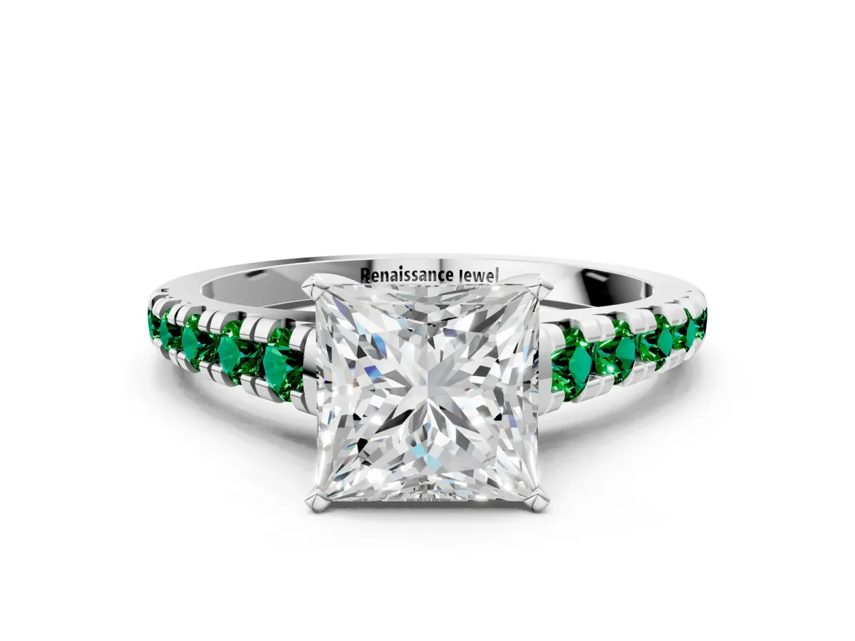 Princess Cut Diamond Cathedral Solitaire Ring with Round Emerald Pavé Band Platinum