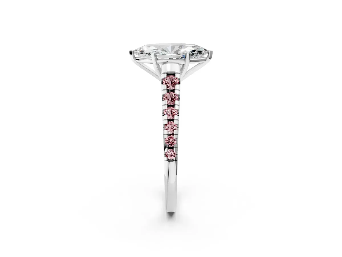 Marquise Cut Diamond Cathedral Solitaire Ring with Round Morganite Pavé Band Silver