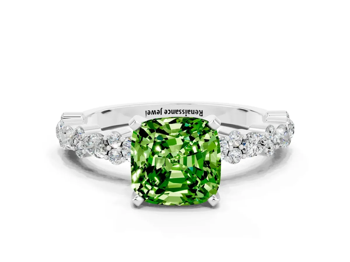 Cushion Cut Peridot Side Stone Solitaire Ring with Round and Four-Prong Setting Silver