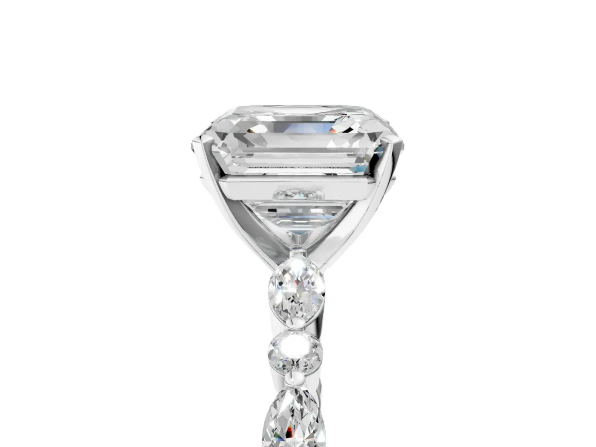 Asscher Cut Diamond Ring with Marquise and Round Moissanite Side Stones and Four-Prong Setting Silver