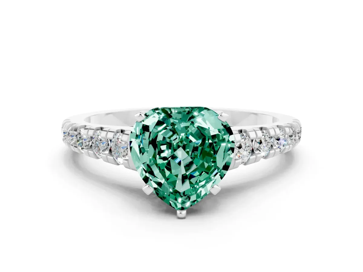 Heart Cut Green Sapphire Cathedral Solitaire Ring with Round Pavé Band Platinum