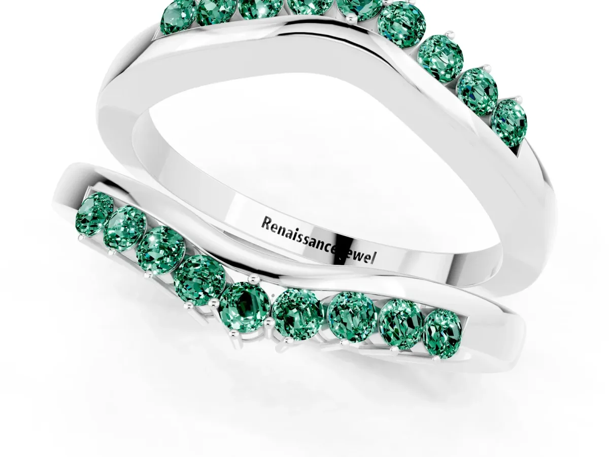 Round Green Sapphire Chevron Contour Band with Prong Setting Silver