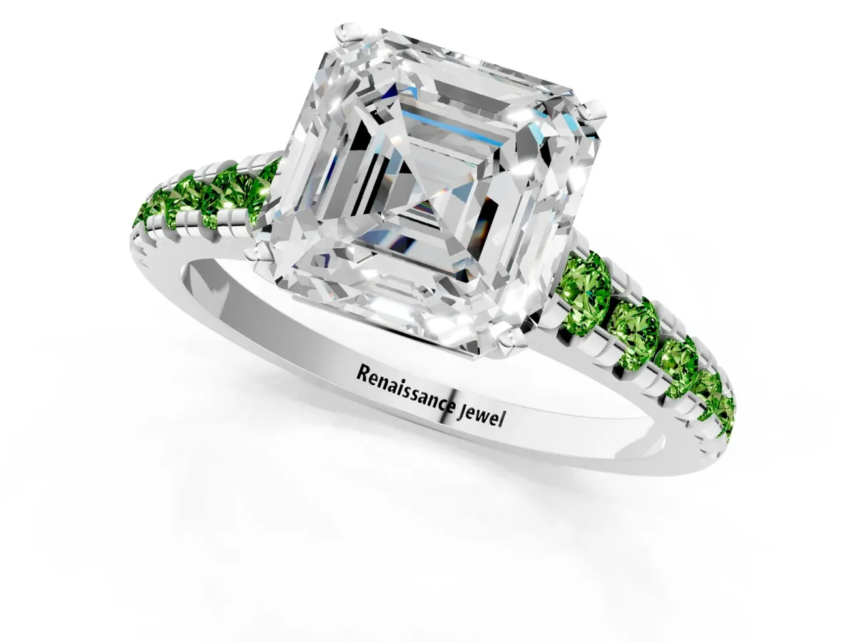 Asscher Cut Diamond Cathedral Solitaire Ring with Round Peridot Pavé Band Platinum