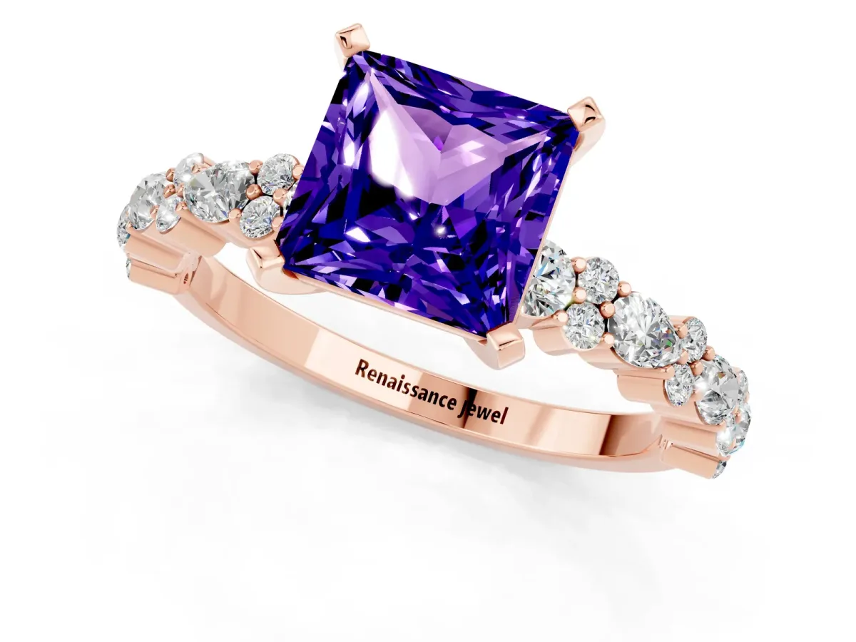 Princess Cut Tanzanite Side Stone Solitaire Ring with Round and Four-Prong Setting Rose gold