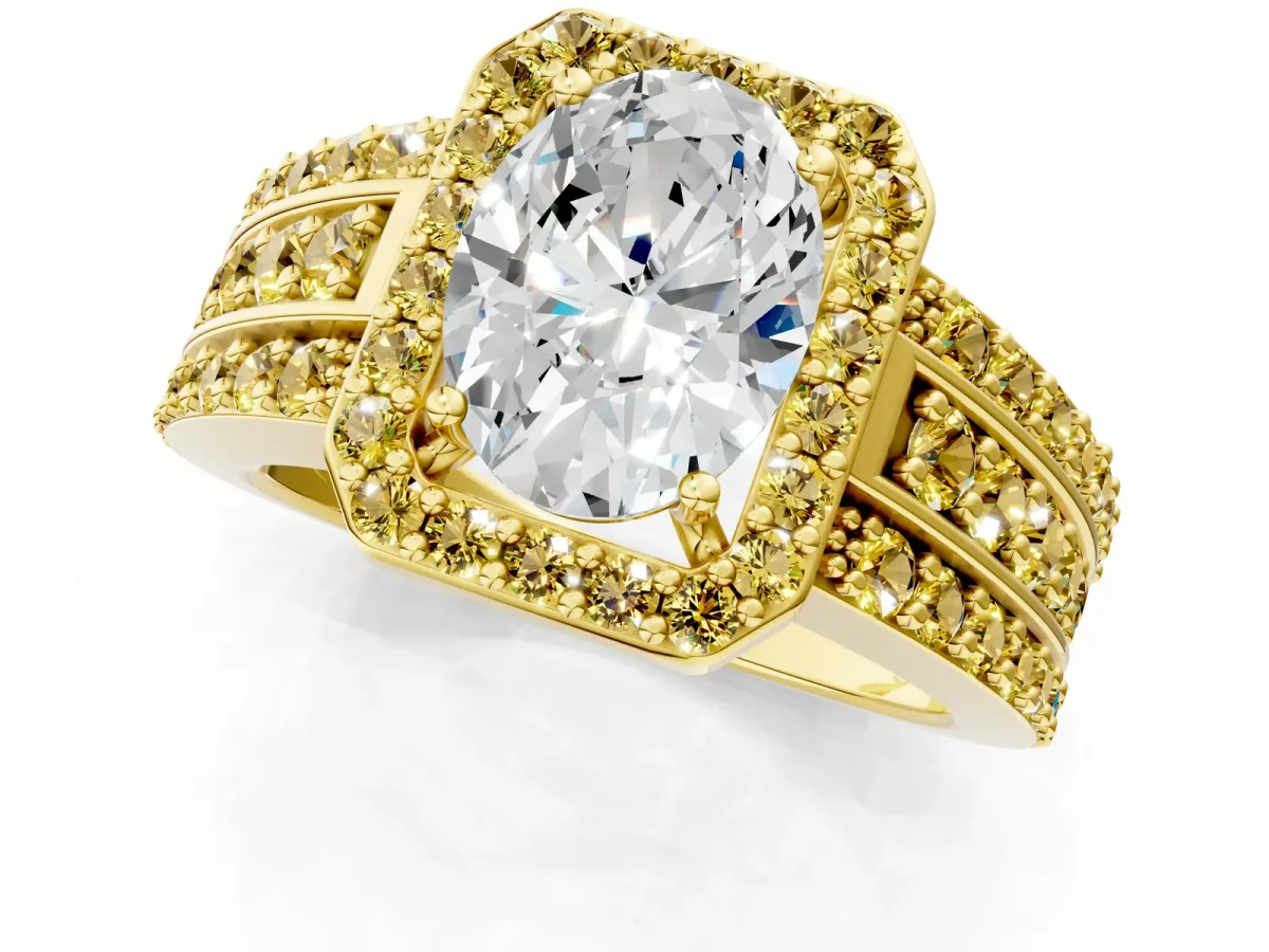 Oval Cut Halo Diamond Ring with Round Yellow Sapphire Split Shank and Prong Setting Yellow gold