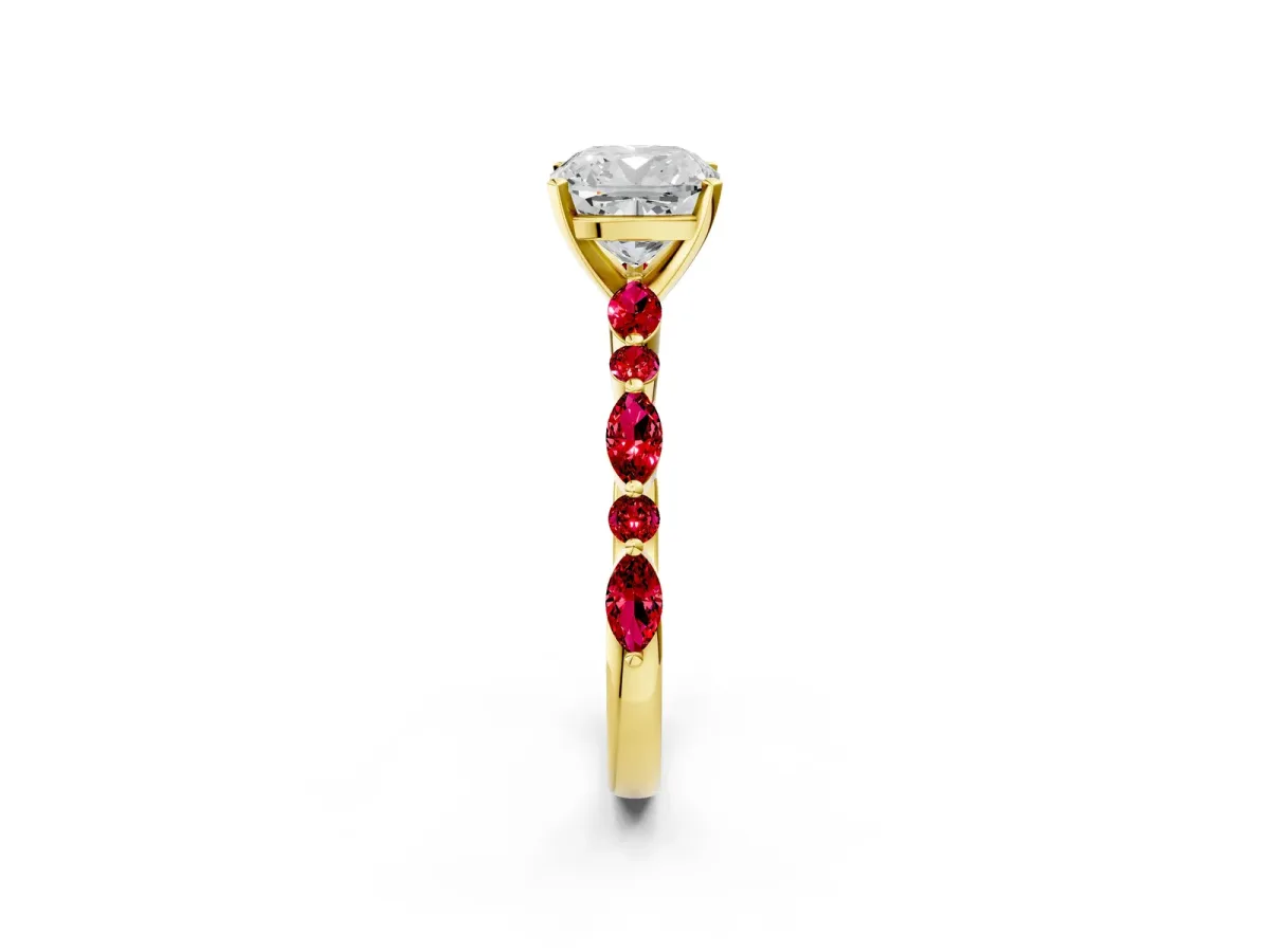 Cushion Cut Diamond Ring with Marquise and Round Ruby Side Stones and Four-Prong Setting Yellow gold