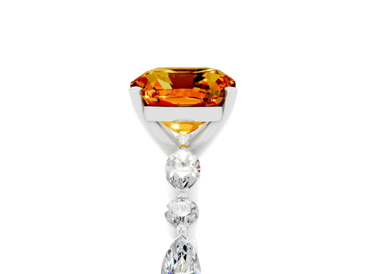 Cushion Cut Citrine Ring with Marquise and Round Side Stones and Four-Prong Setting Silver