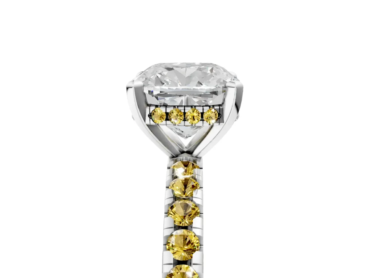 Cushion Cut Diamond Solitaire Ring with Round Yellow Sapphire Pavé Band and Four-Prong Setting Silver