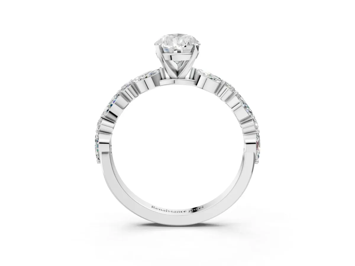 Pear Cut Diamond Ring with Marquise and Round Side Stones and Four-Prong Setting White gold