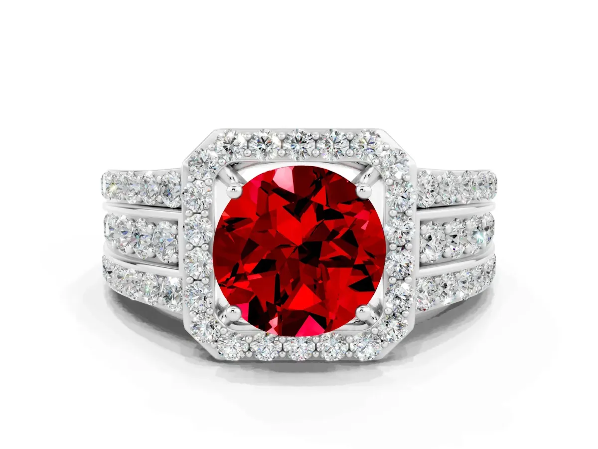 Round Cut Halo Ruby Ring with Round Split Shank and Prong Setting White gold