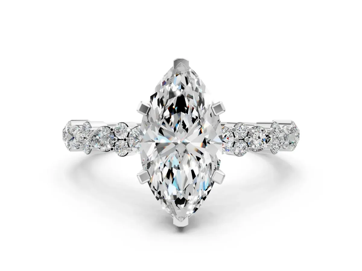 Marquise Cut Diamond Side Stone Solitaire Ring with Round Moissanite and Four-Prong Setting Platinum