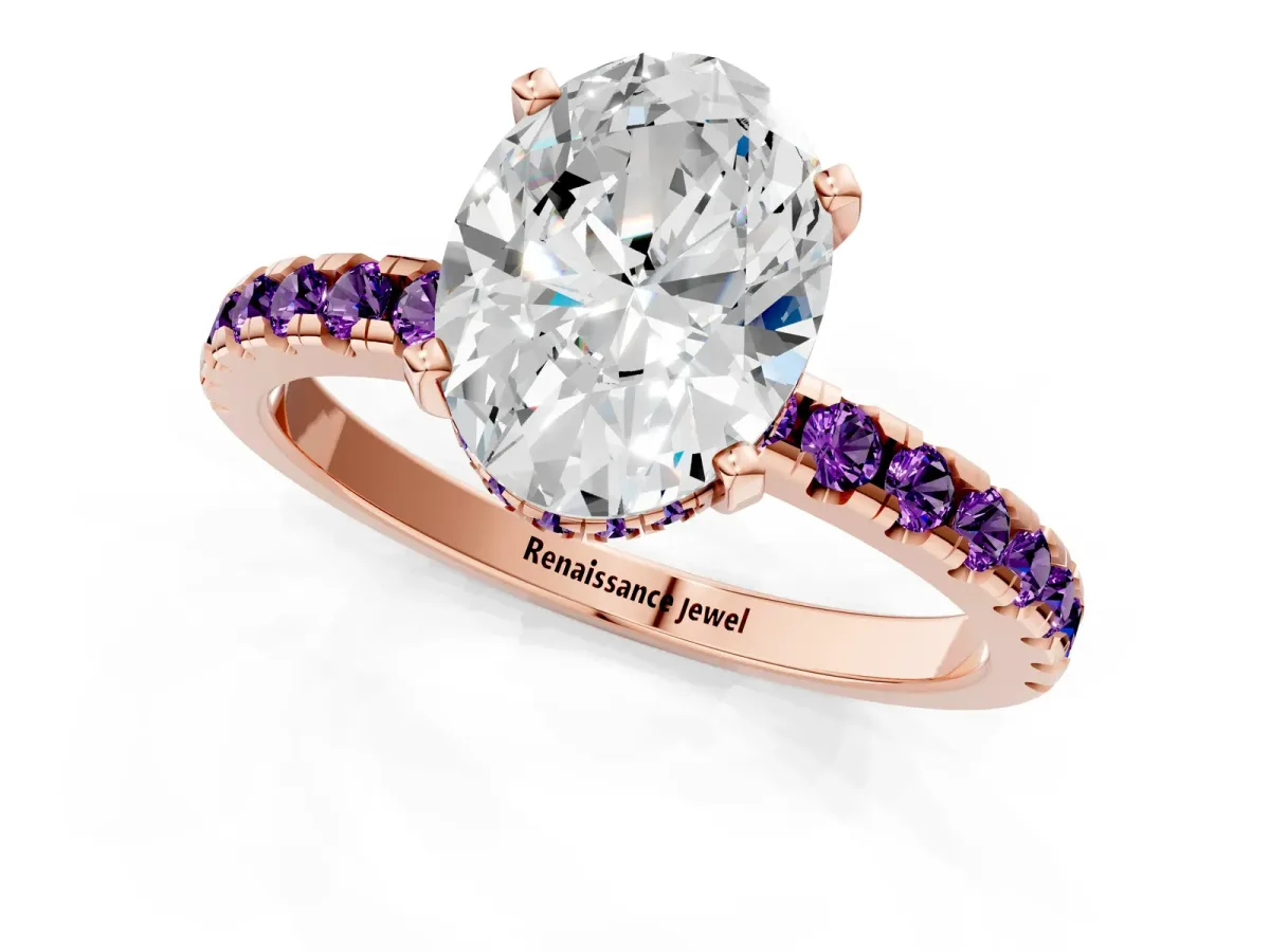 Oval Cut Diamond Solitaire Ring with Round Amethyst Pavé Band and Four-Prong Setting Rose gold