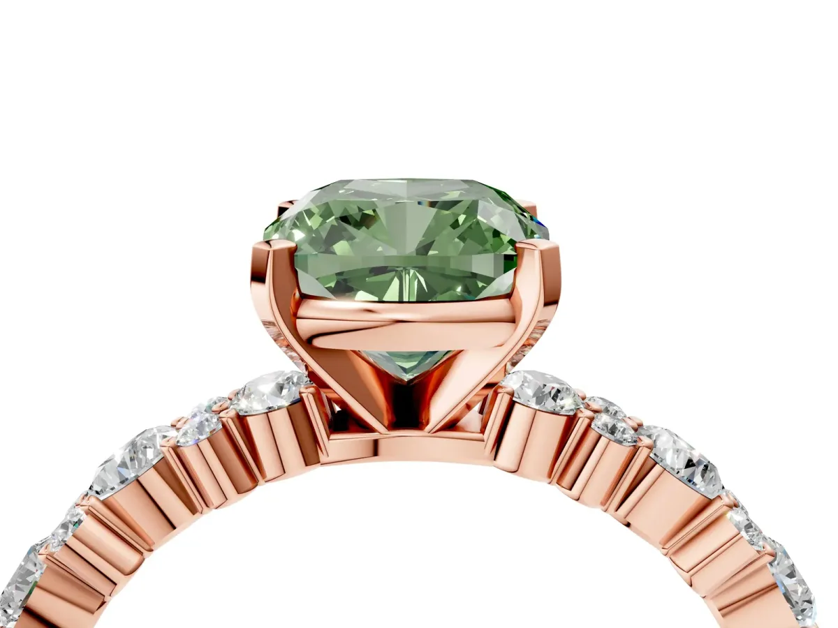 Fancy Green Cushion Cut Diamond Side Stone Solitaire Ring with Round and Four-Prong Setting Rose gold