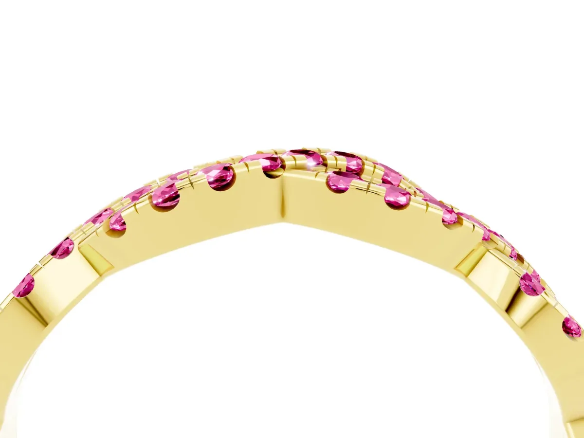 Round Pink Sapphire Twisted Eternity Band with Pavé and Shared Prong Setting Yellow gold