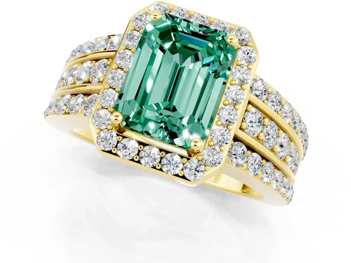 Emerald Cut Halo Green Sapphire Ring with Round Split Shank and Prong Setting Yellow gold