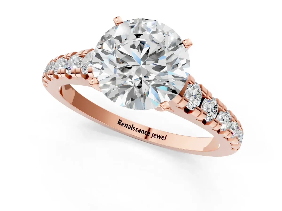 Round Cut Diamond Cathedral Solitaire Ring with Round Moissanite Pavé Band Rose gold