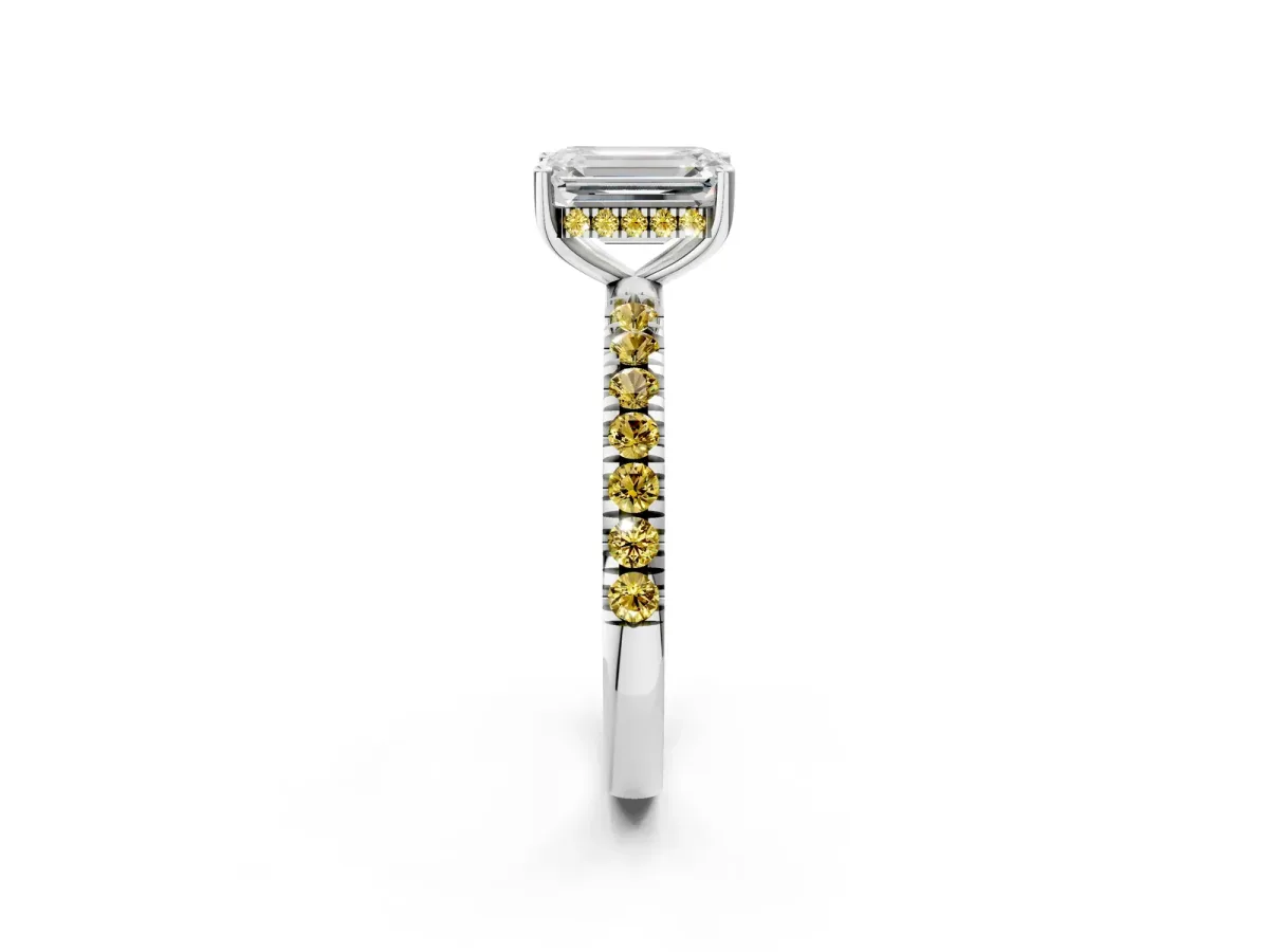 Emerald Cut Diamond Pave Band Solitaire Ring with Round Yellow Sapphire and Prong Setting Platinum