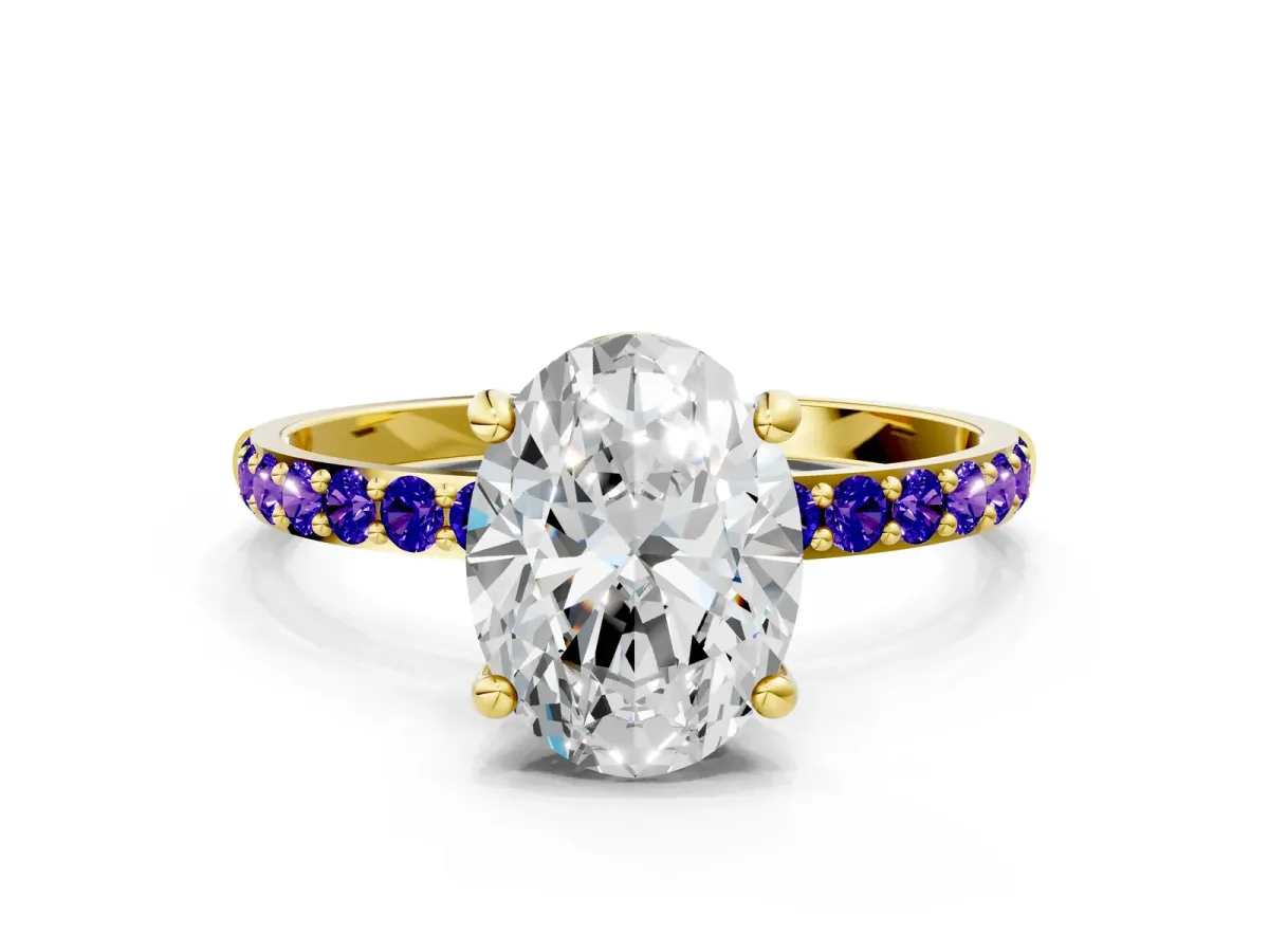 Oval Cut Diamond Solitaire Ring with Round Tanzanite Pavé Band and Prong Setting Yellow gold