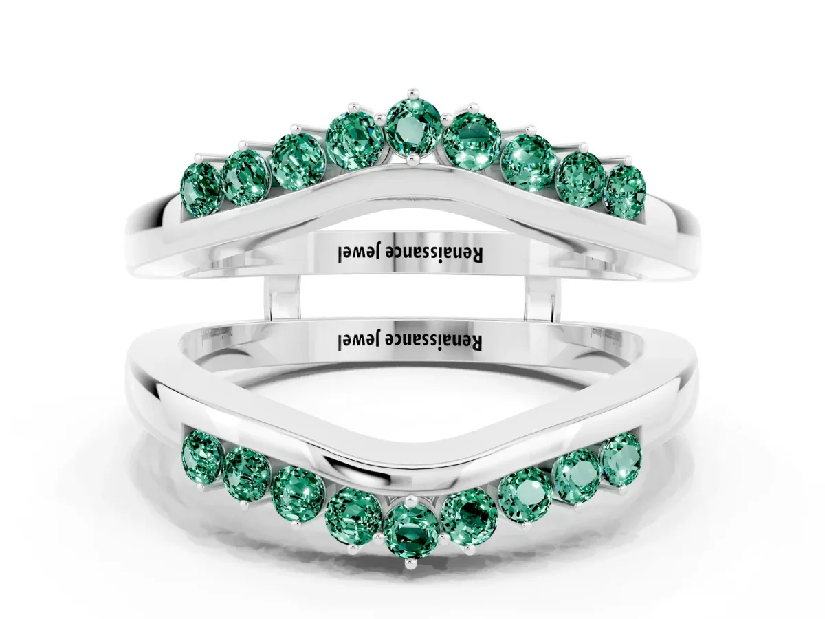 Round Green Sapphire Chevron Contour Band with Prong Setting Silver