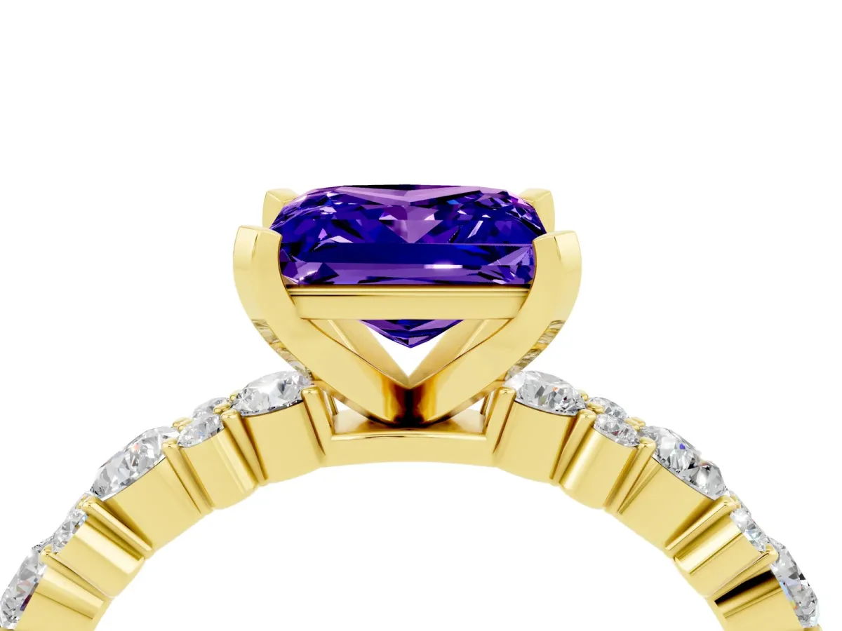 Princess Cut Tanzanite Side Stone Solitaire Ring with Round and Four-Prong Setting Yellow gold