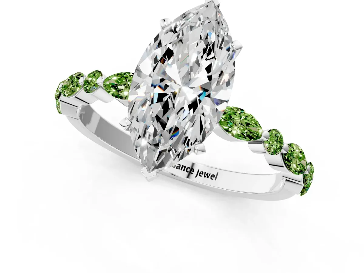 Marquise Cut Diamond Ring with Marquise and Round Peridot Side Stones and Four-Prong Setting Silver