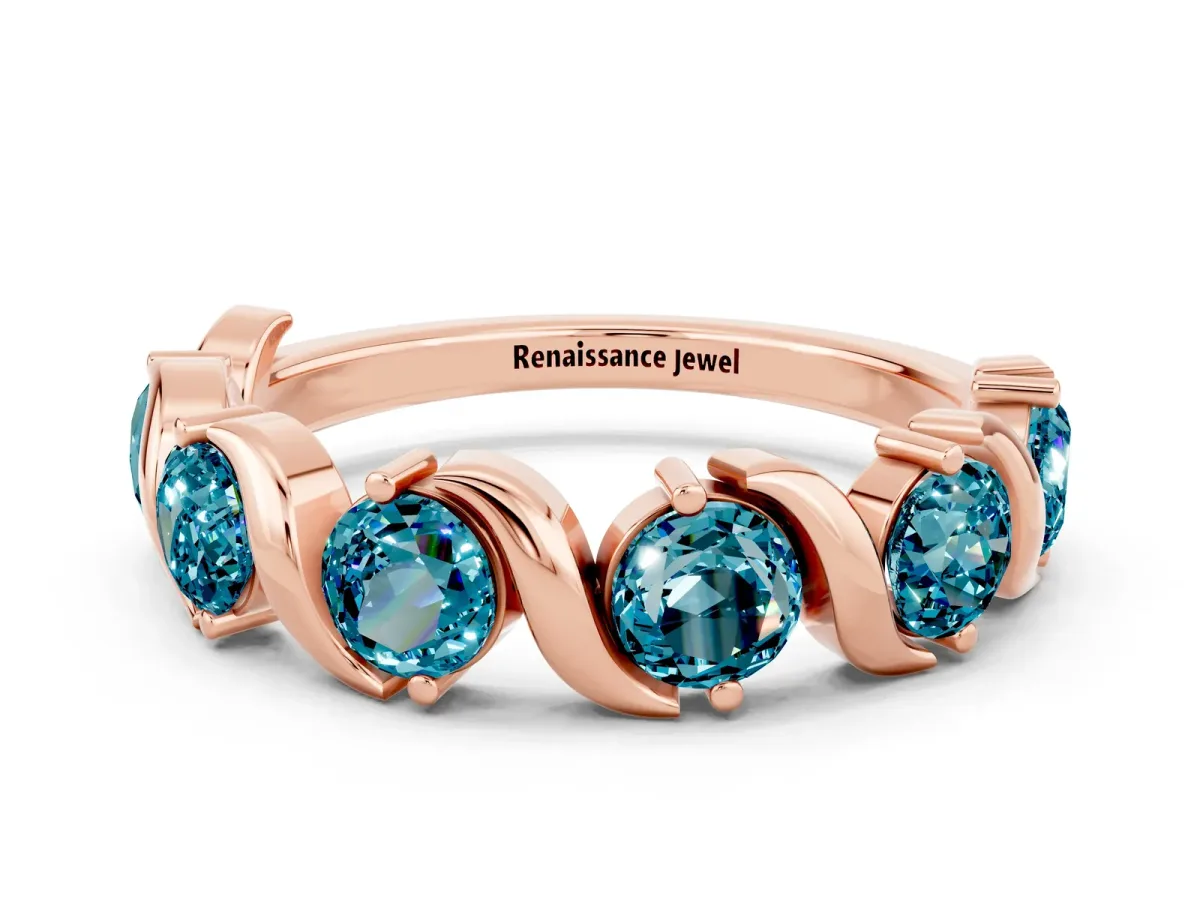 Round Blue Topaz Half Eternity Band with Wave Prong Setting Rose gold
