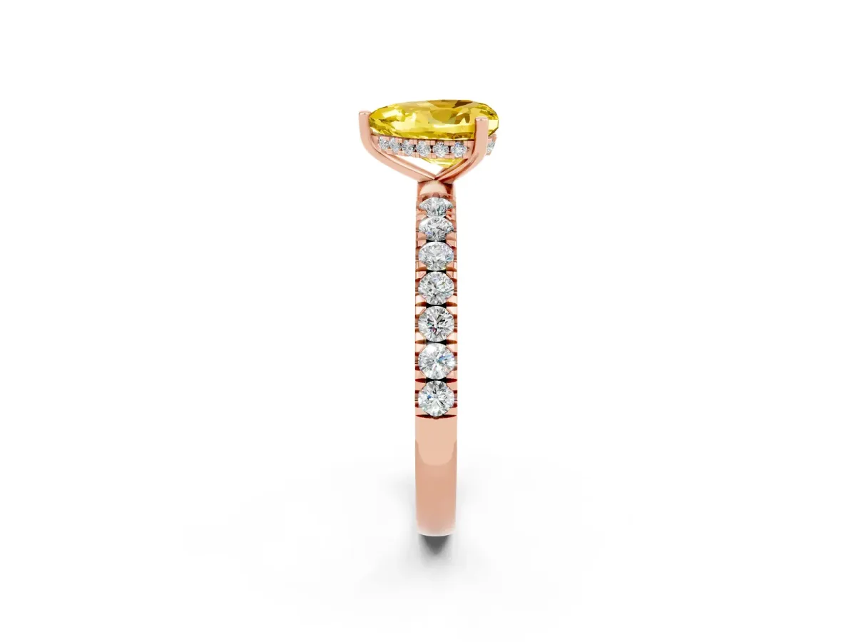 Heart Cut Yellow Sapphire Pave Band Solitaire Ring with Round and Prong Setting Rose gold