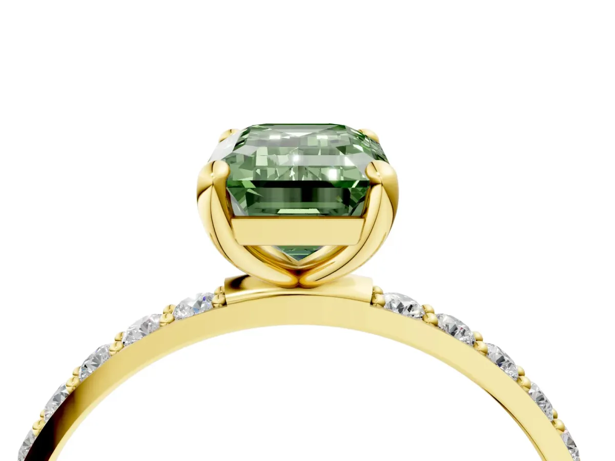 Fancy Green Emerald Cut Diamond Solitaire Ring with Round Pavé Band and Prong Setting Yellow gold