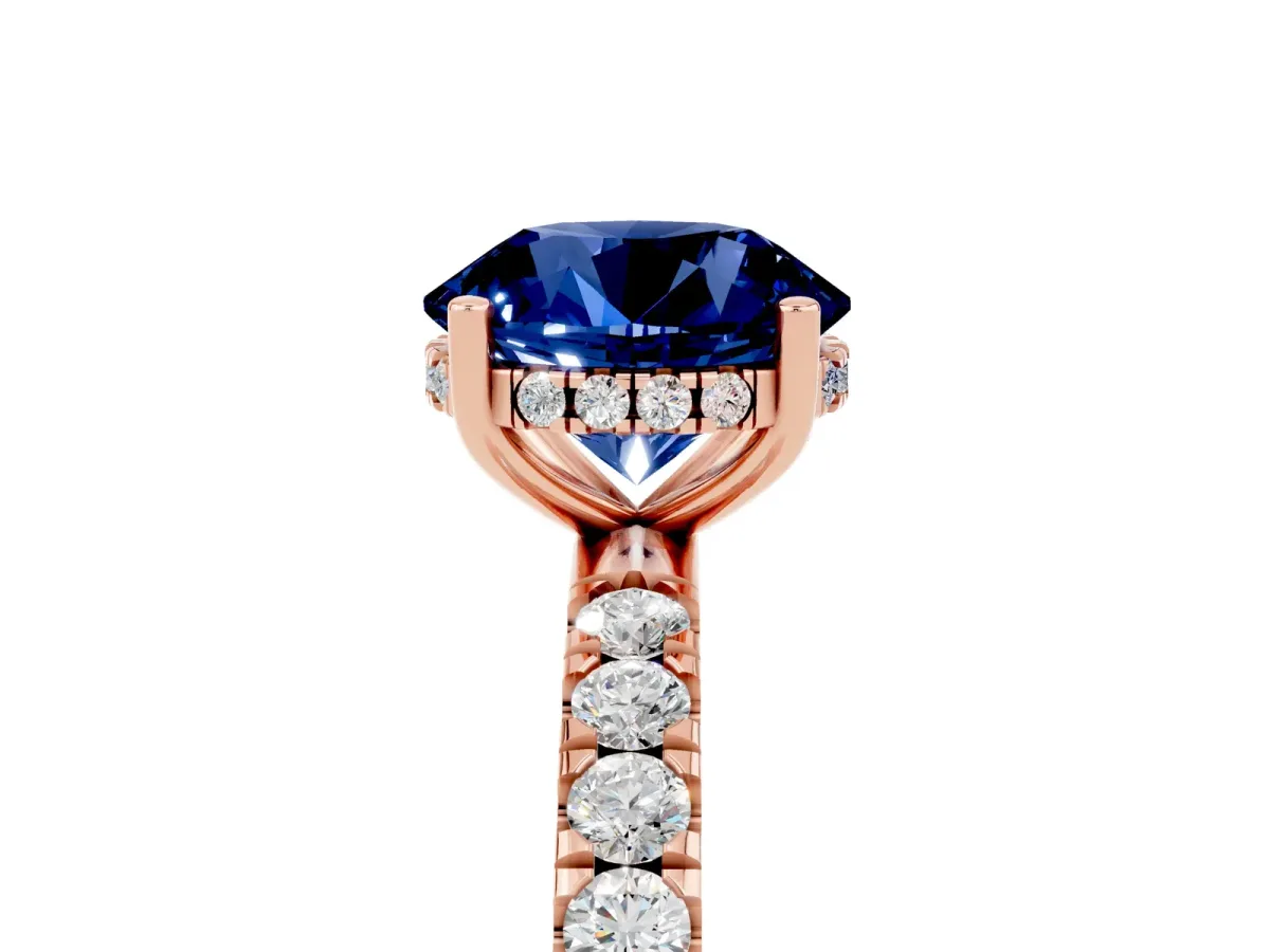 Round Cut Blue Sapphire Pave Band Solitaire Ring with Round and Prong Setting Rose gold