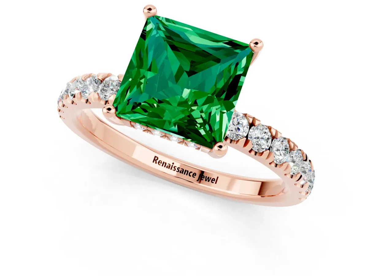 Princess Cut Emerald Pave Band Solitaire Ring with Round and Prong Setting Rose gold