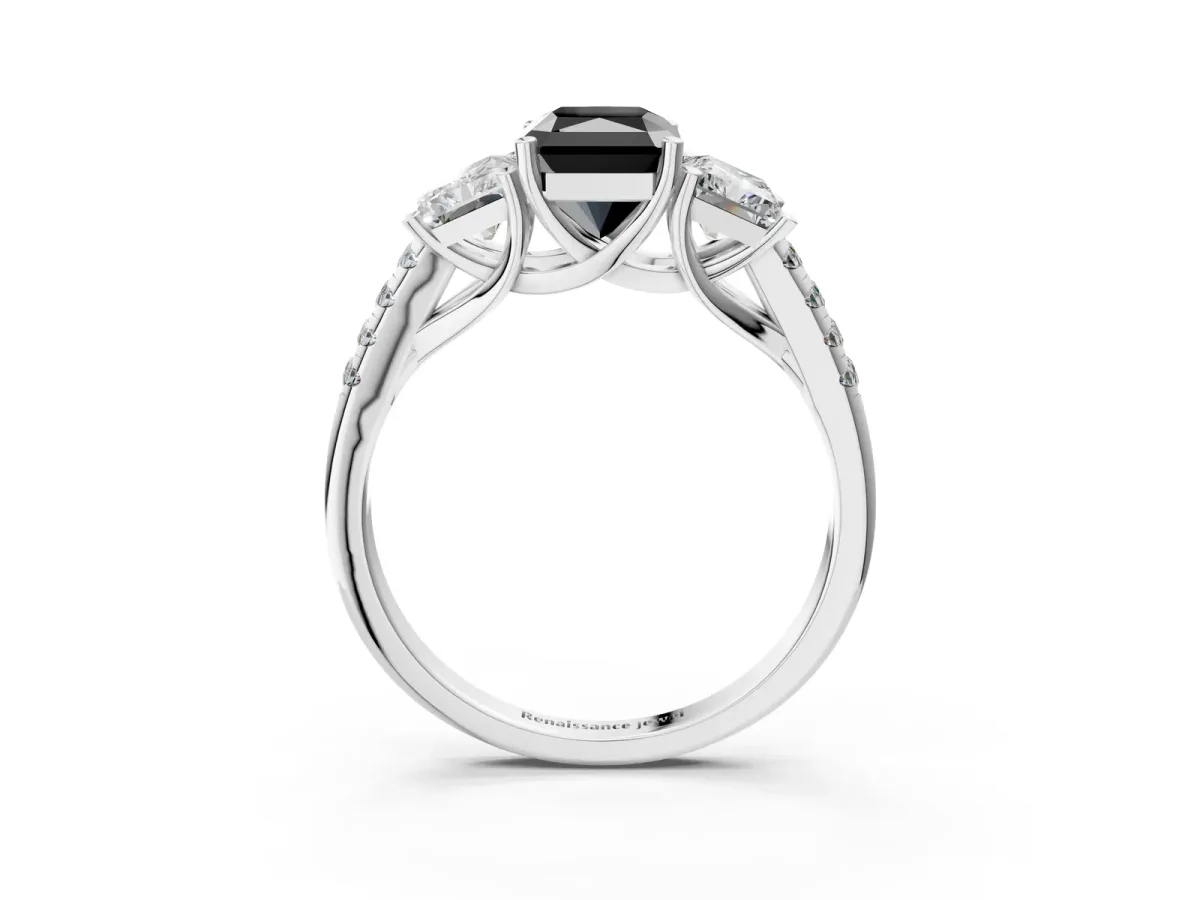 Fancy Black Three-Stone Radiant Cut Diamond Ring with Round Pavé Band and Prong Setting White gold