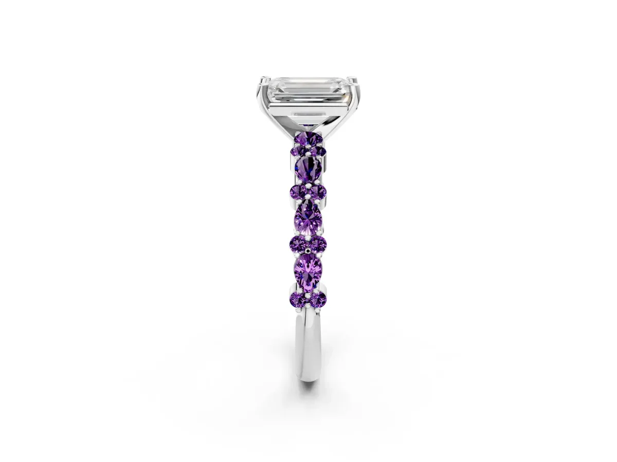 Emerald Cut Diamond Side Stone Solitaire Ring with Round Amethyst and Four-Prong Setting Platinum