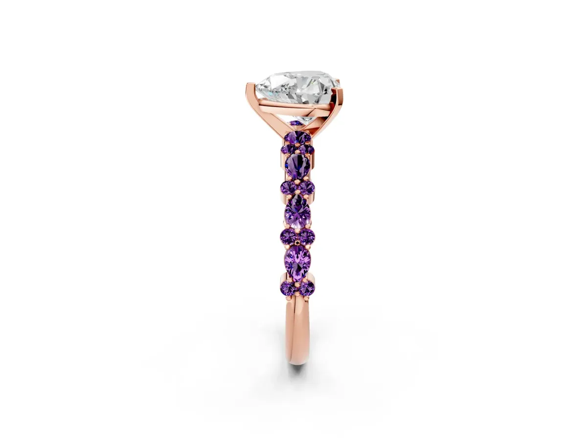 Heart Cut Diamond Side Stone Solitaire Ring with Round Amethyst and Four-Prong Setting Rose gold