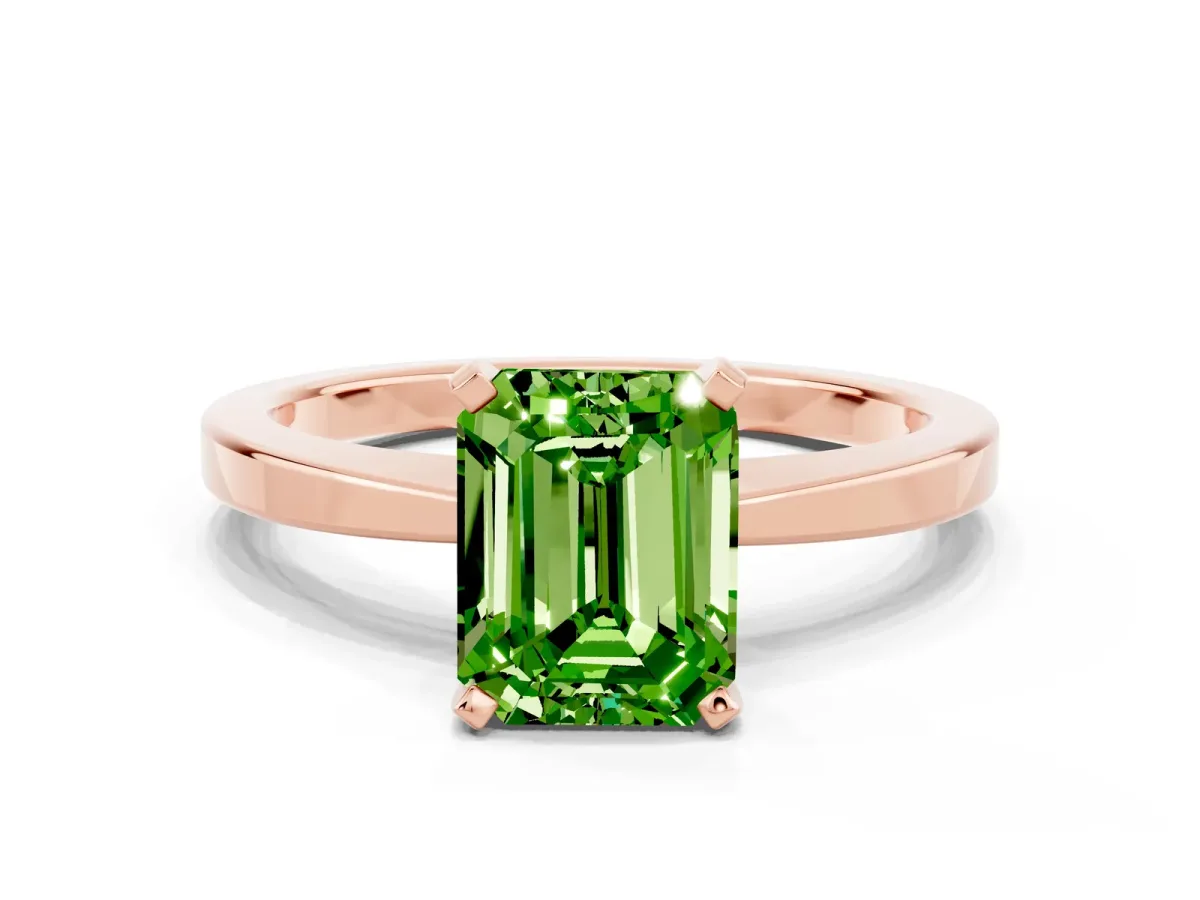 Emerald Cut Peridot Solitaire Engagement Ring with Classic Band and Four-Prong Setting Rose gold