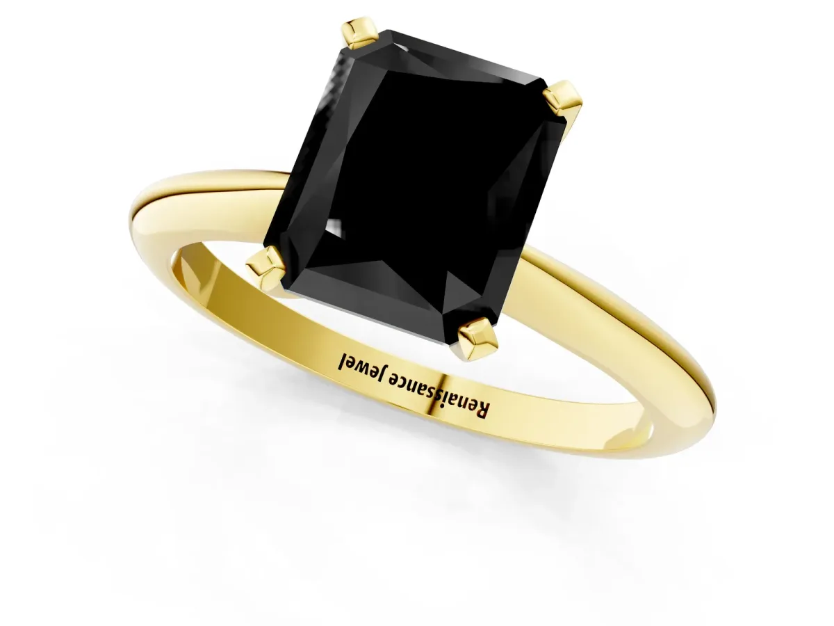 Fancy Black Radiant Cut Diamond Solitaire Engagement Ring with Classic Band and Four-Prong Setting Yellow gold