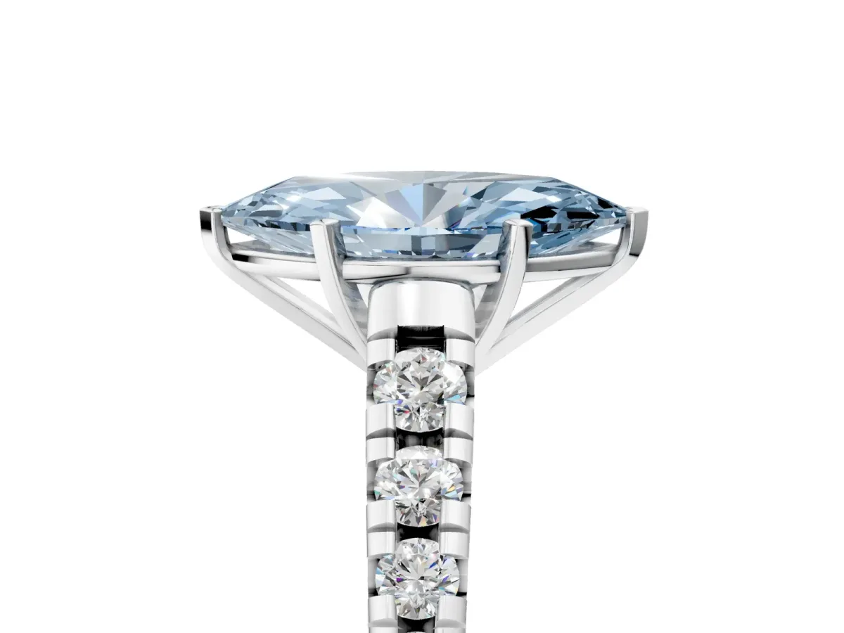 Fancy Blue Marquise Cut Diamond Cathedral Solitaire Ring with Round Pavé Band Platinum