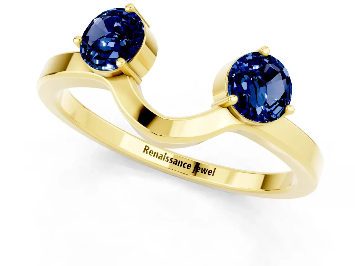 Dual Round Blue Sapphire Open Band Ring with Prong Setting Yellow gold
