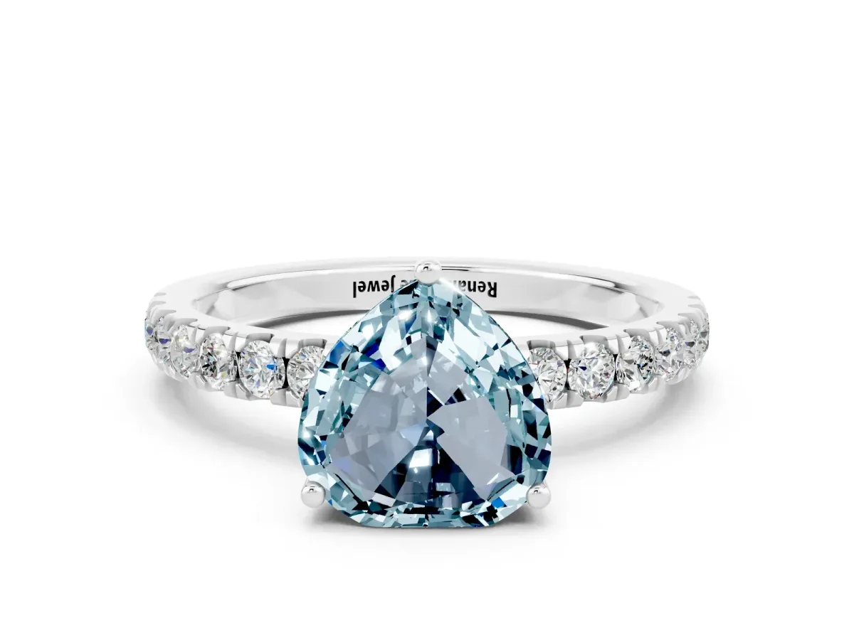 Heart Cut Aquamarine Pave Band Solitaire Ring with Round and Prong Setting Platinum