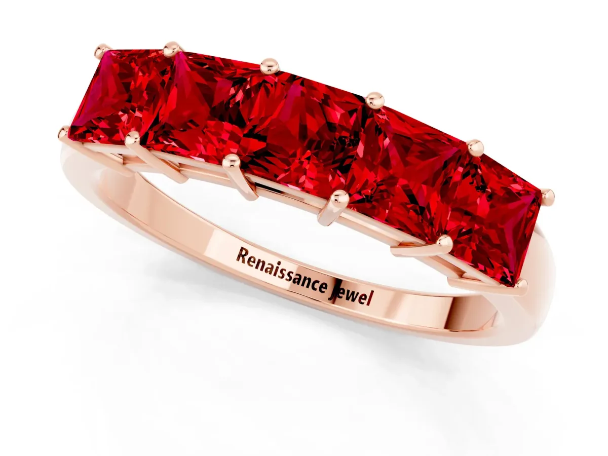 Princess Cut Five-Stone Ruby Band with Prong Setting Rose gold