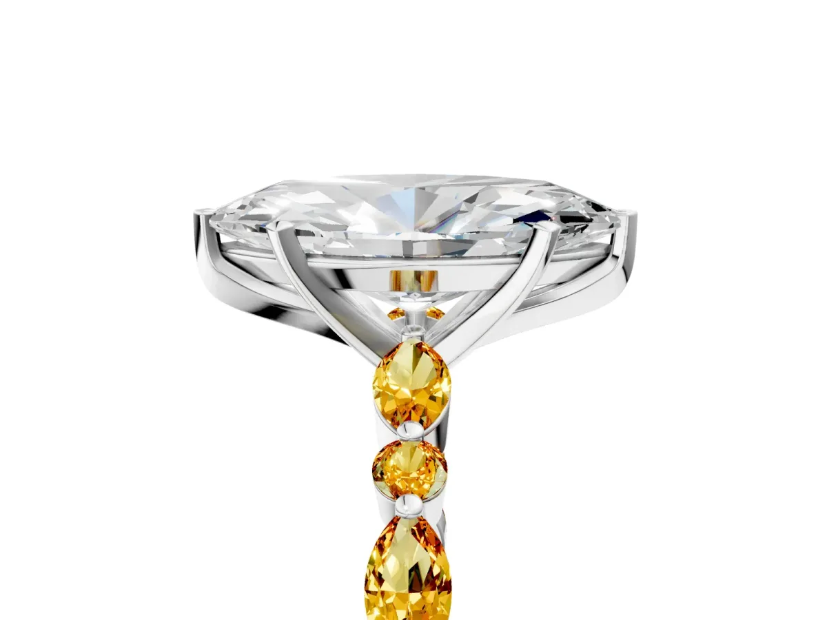 Marquise Cut Diamond Ring with Marquise and Round Citrine Side Stones and Four-Prong Setting Silver