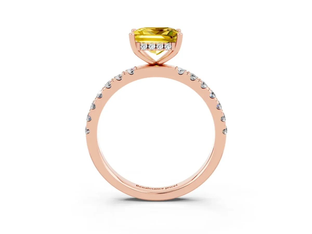 Princess Cut Yellow Sapphire Pave Band Solitaire Ring with Round and Prong Setting Rose gold