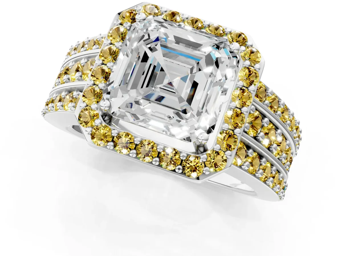 Asscher Cut Halo Diamond Ring with Round Yellow Sapphire Split Shank and Prong Setting Silver