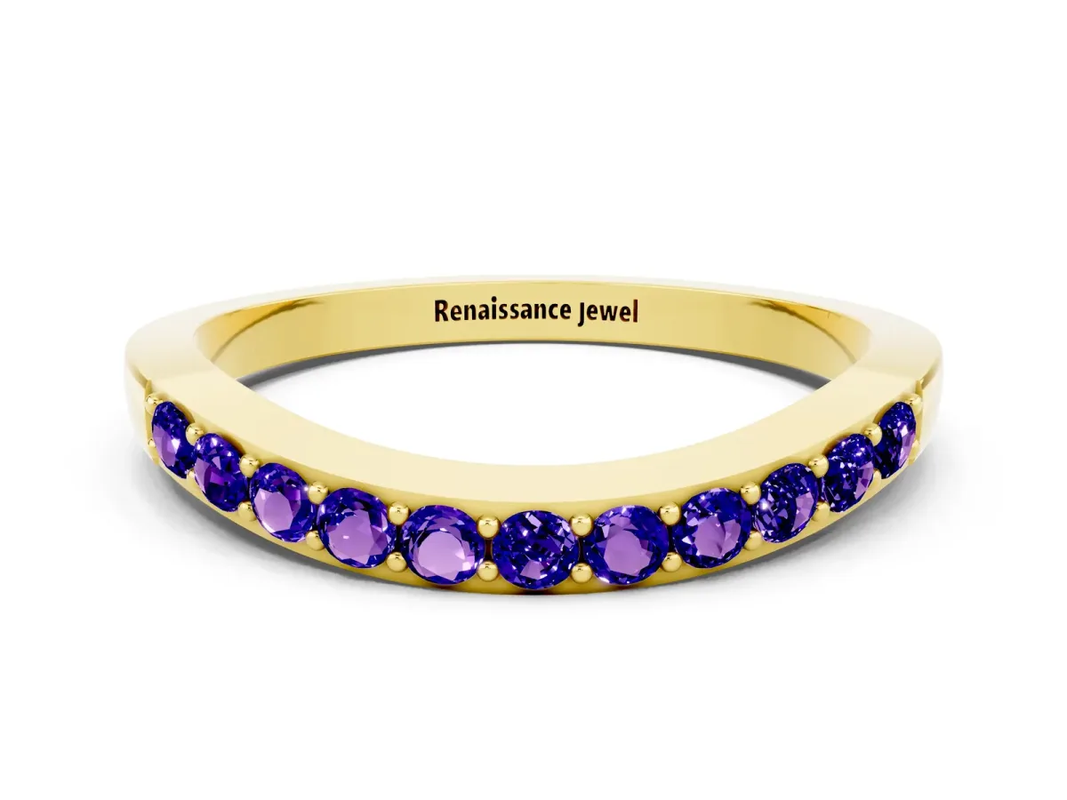 Round Tanzanite Curved Wedding Band with Channel Setting Yellow gold