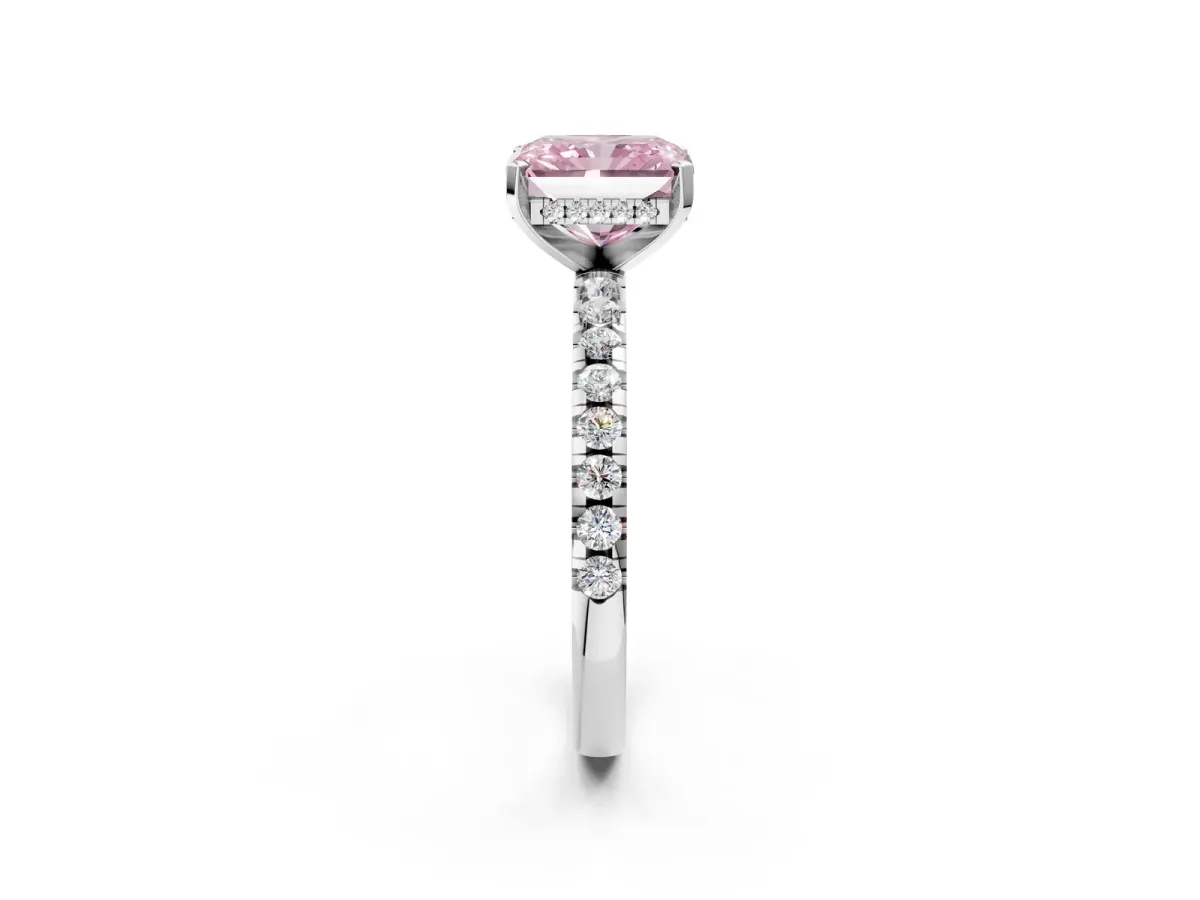 Fancy Pink Radiant Cut Diamond Solitaire Ring with Round Pavé Band and Four-Prong Setting Platinum